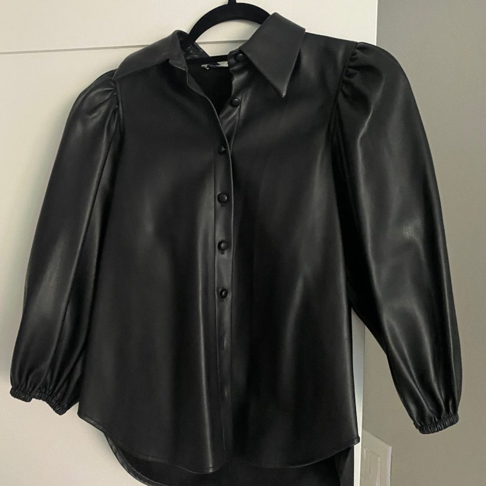 ZARA LONG SLEEVE LEATHER PUFF SLEEVE SHIRT